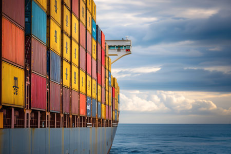Cargo ship loaded with containers before shipment. Rows of colorful containers line length of ship each secured to ensure safe passageの素材