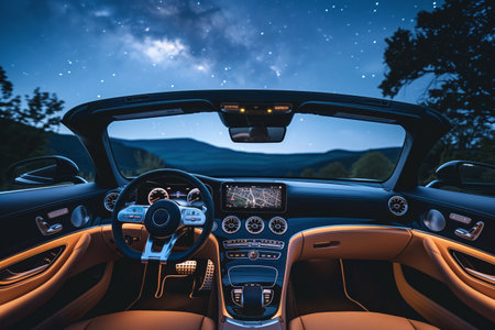 Night drive on cabriolet with quit luxury salon under stars. Soft leather upholstery provides sense of comfort and relaxation. Magical journeyの素材