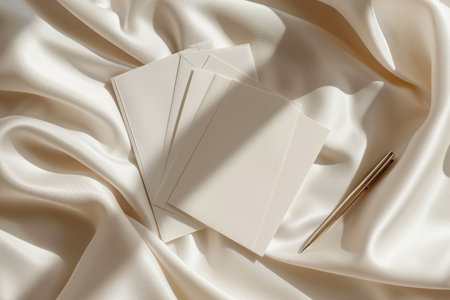 Quiet luxury minimalist stationery set on silky fabric. Each piece in set exudes sense of timeless style. Simplicity and functionalityの素材