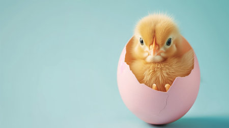 Cute newborn chick just breaking free from painted Easter egg shell. Spirit of renewal and anticipation of Easter celebrations. Symbol of lifeの素材