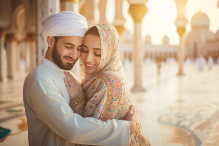 Happy Muslim couple embraces each other against mosque columns. Married man and woman share moment with spirits uplifted by sanctity of surroundings, sunlightの素材