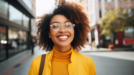 A woman with glasses and a yellow jacket is happily smiling while walking on the city street. Her electric blue eyewear adds a fun touch to her travel on the asphalt roadの素材