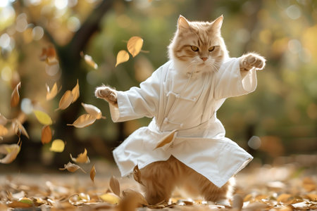A Felidae carnivore, with whiskers and a happy gesture, is practicing karate in the grassy leaves, showcasing the agility of small to mediumsized catsの素材