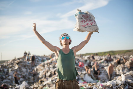 Man holding up a trash bag on a landfill site, blue sky above.の素材