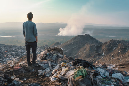 Man overlooking a landfill site at dawn.の素材