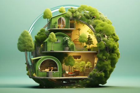 Futuristic spherical eco-house surrounded by greenery.の素材