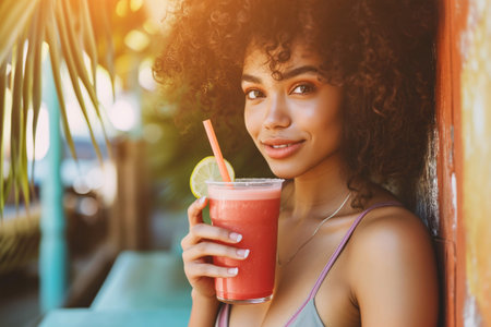 A woman is sipping on a refreshing smoothie with a drinking straw, made with a blend of fruit juice and plantbased ingredients. She smiles while enjoying her healthy drinkの素材