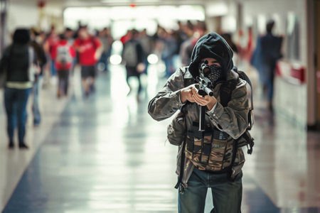 Arab teenage boy takes riffle to attack children in school hallway. Student with hood and mask assaults schoolchildren with shotgunの素材
