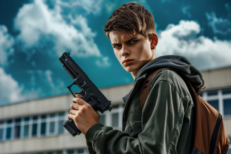 Teenager outdoors holding a handgun with a stern look.の素材