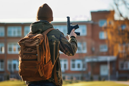 Teenage boy with backpack carries gun to school backside view. Mentally instable student wants to kill groupmates with firearm in education facilityの素材