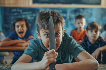 Screaming little child with large knife in classroom. Mad primary student threatens teacher with blade at school. Aggressive childの素材