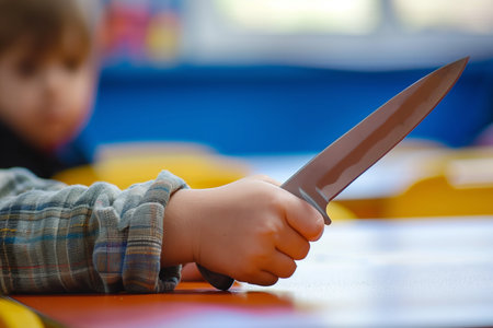 A childs clenched hand holding a stainless steel knife over a desk in a colorful classroom setting.の素材