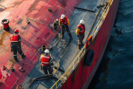 Crew conducts routine maintenance on oil tanker during shipping. Team addresses issues promptly to prevent disruptions to voyageの素材