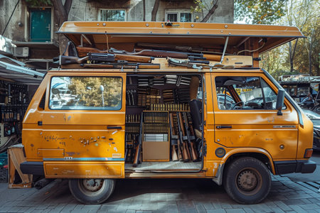 Firearms arsenal in old minivan on city street. Illegal gun shop in automobile salon. Selling weapon to criminal people in deprived districtの素材