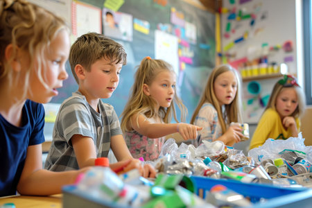 Schoolchildren sorting recyclables in a classroom.の素材