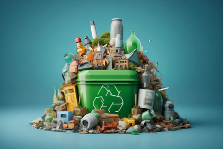 A large green recycling bin brimming with assorted waste including plastic, paper, and household items on a blue background.の素材
