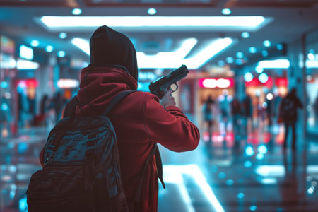 Criminal with handgun attacks large shopping mall. Bandit tries to rob store using shooting weapon. Man shooter terrorizes business centerの素材