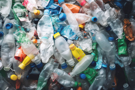 Assorted crushed plastic bottles for recycling.の素材