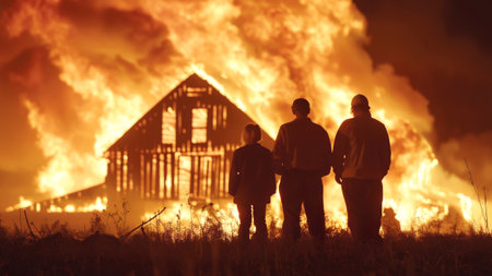 Family watching their house consumed by fire at night.の素材