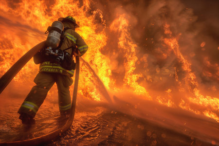 Firefighter combatting massive flames with hose.の素材