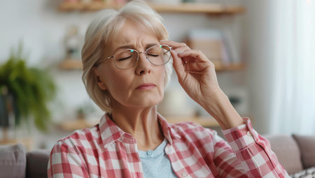 Senior woman feeling eye discomfort or vision problems adjusting her glasses.の素材