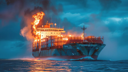 Cargo ship on fire at sea during twilight.の素材