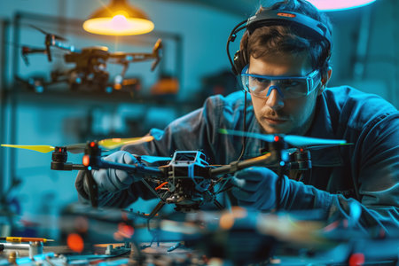Focused engineer with headset repairing a drone in a workshop.の素材
