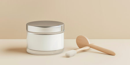 Cosmetic cream jar and wooden facial brush on beige surface.の素材