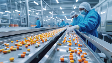 Quality control process in pharmaceutical production with workers.の素材