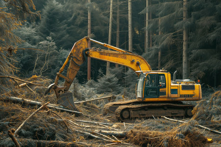 Excavator among fallen trees in a deforestation zone.の素材