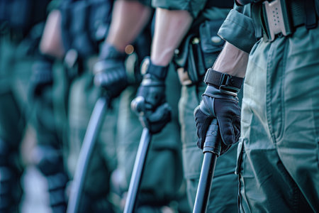 Close-up of riot police holding batons, ready for crowd control.の素材
