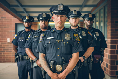 Group of serious police officers standing in uniform showing solidarity.の素材