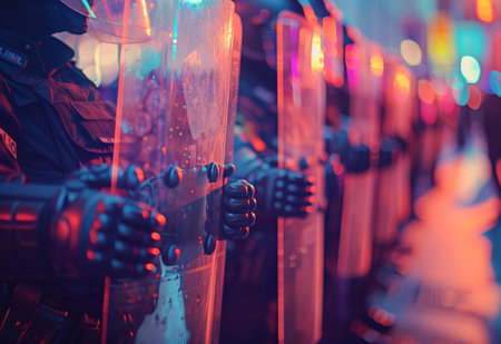 Close-up of a police unit with riot shields in neon lighting.の素材