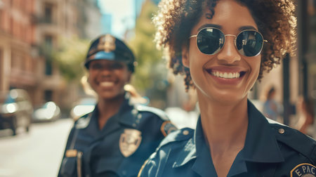 Cheerful female police officer in foreground with partner behind.の素材
