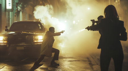 Two people in a standoff with guns drawn at night with a vehicles headlights in the background.の素材
