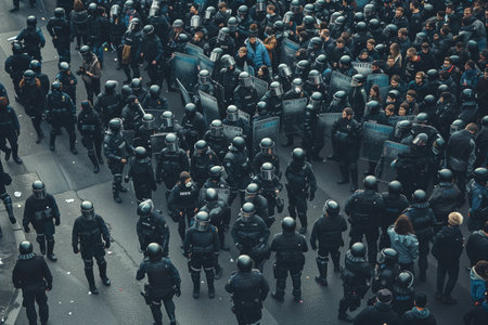 Riot police in formation amidst a crowd during a protest.の素材