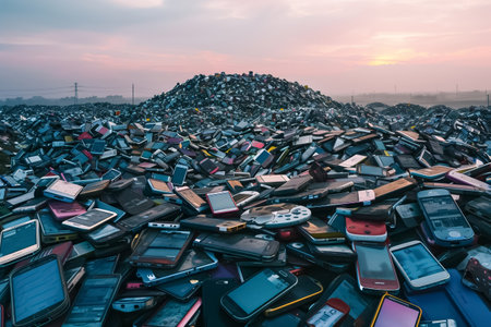 A colossal pile of discarded electronics forms a mountain of e-waste under the fading light of a setting sun, highlighting the environmental impact of consumerism.の素材