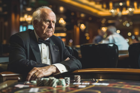 Serious senior man at poker table in casino.の素材