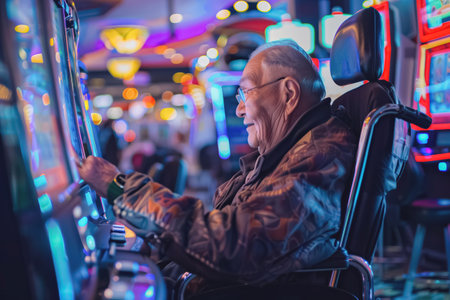 Senior man playing slot machines in a vibrant casino.の素材