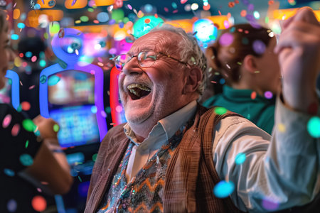 Elderly man in joyful celebration at the casino.の素材