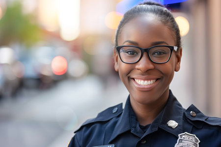 Smiling female police officer in glasses on duty in the city.の素材