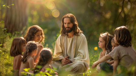 Jesus seated in a sun-drenched forest, engaging attentively with a circle of young children, creating a tranquil educational moment.の素材