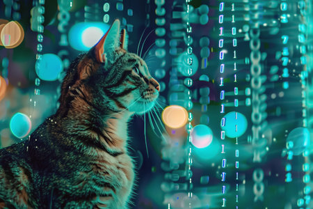 Tabby cat amidst flowing digital data streams in a vibrant cyber environment.の素材