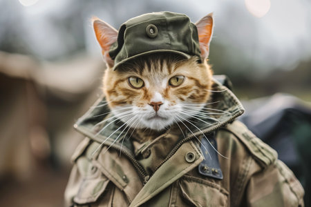 Ginger cat in a military uniform and cap standing alert.の素材