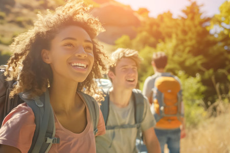 A group of young adults enjoy a cheerful hiking trip in a sunny natural landscape, with a focus on a happy young woman leading the way.の素材