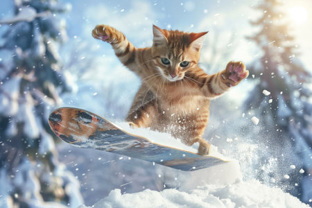 Cat snowboarding energetically down a snowy hill.の素材
