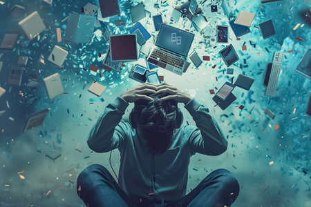 Conceptual representation of a person sitting on the floor, clutching their head amid a chaotic whirlwind of digital devices and symbols, signifying information overload.の素材