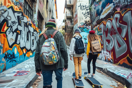 Teens with skateboards walking in an urban alley with graffiti.の素材
