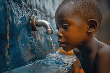 Close-up of a young African boy quenching his thirst by drinking directly from a running tap, illustrating the vital need for clean water.の素材
