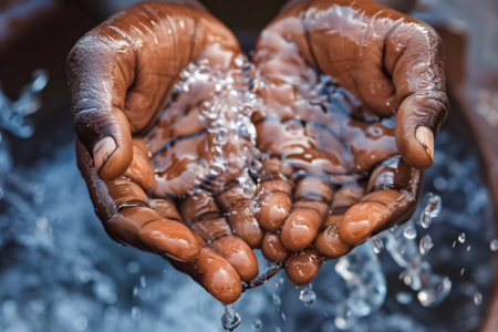 Close-up of hands cupping a stream of clean water, symbolizing the essential nature of water and the human connection to this vital resource.の素材